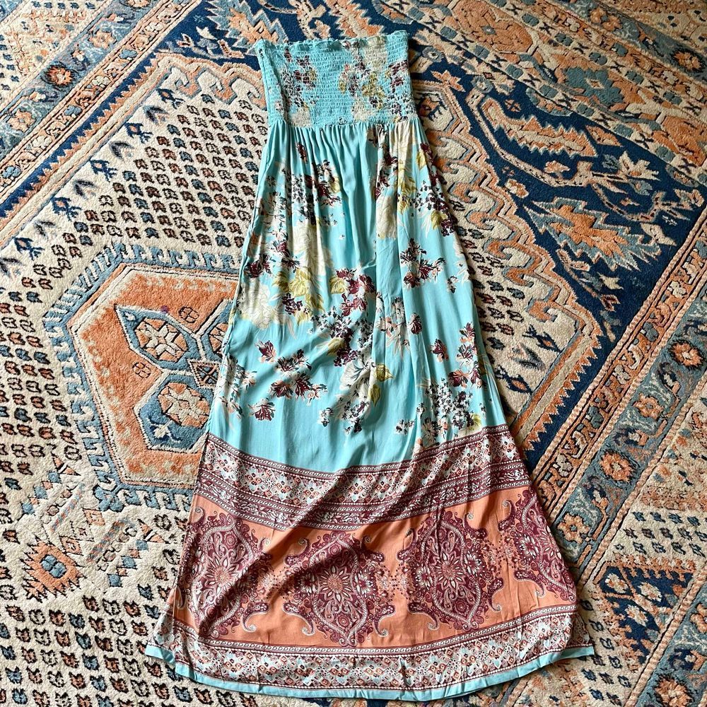 Angie Aqua Floral Patterned Strapless Dress